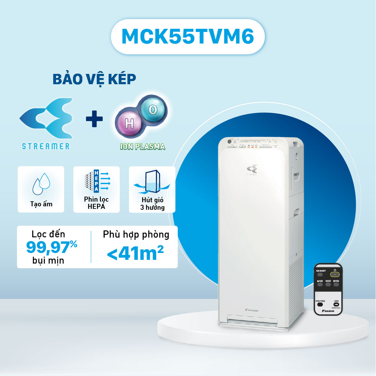 Máy lọc không khí Daikin 41m2 tạo ẩm MCK55TVM6